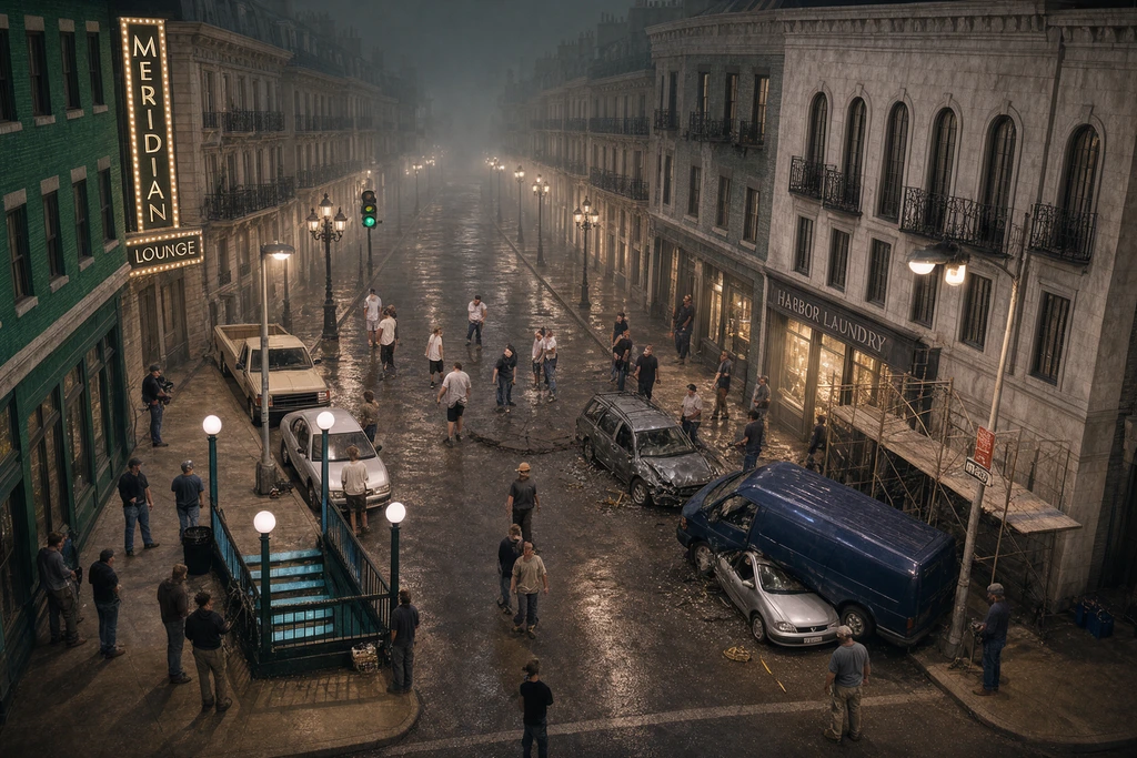 The same backlot with the street continued in place of the green screen.