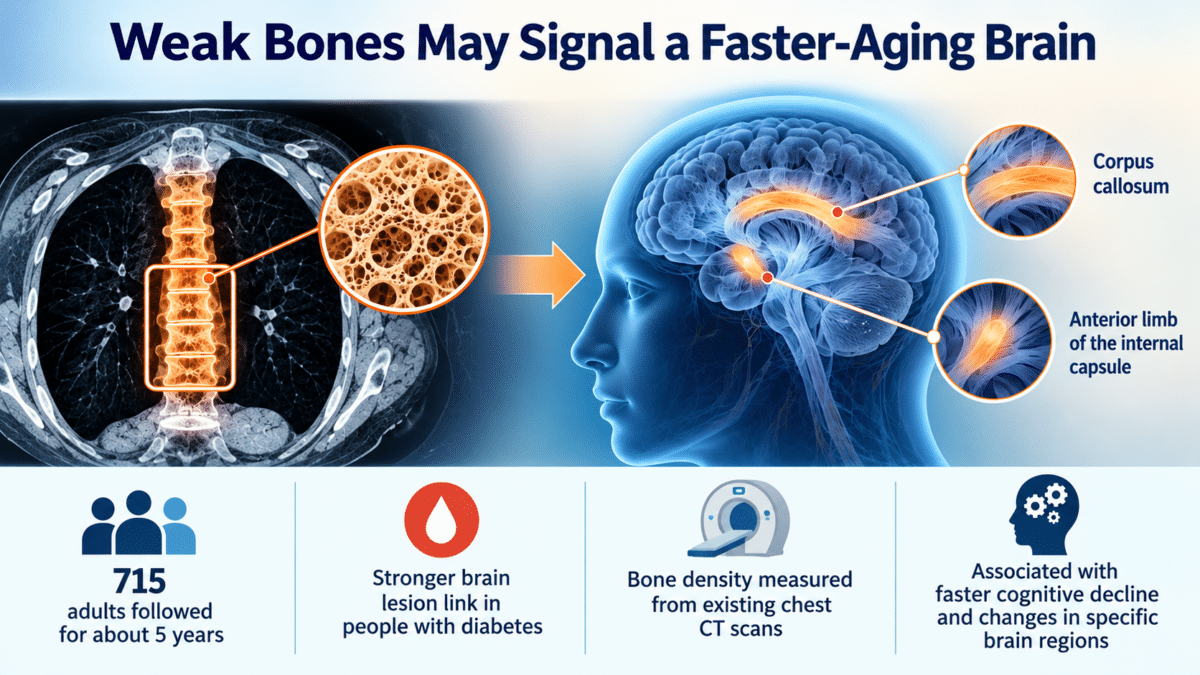 Infographic showing how lower spinal bone density measured from chest CT scans is linked to faster cognitive decline and changes in specific brain regions.