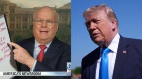 composite image left karl rove holding up and pointing to a piece of paper and right, trump