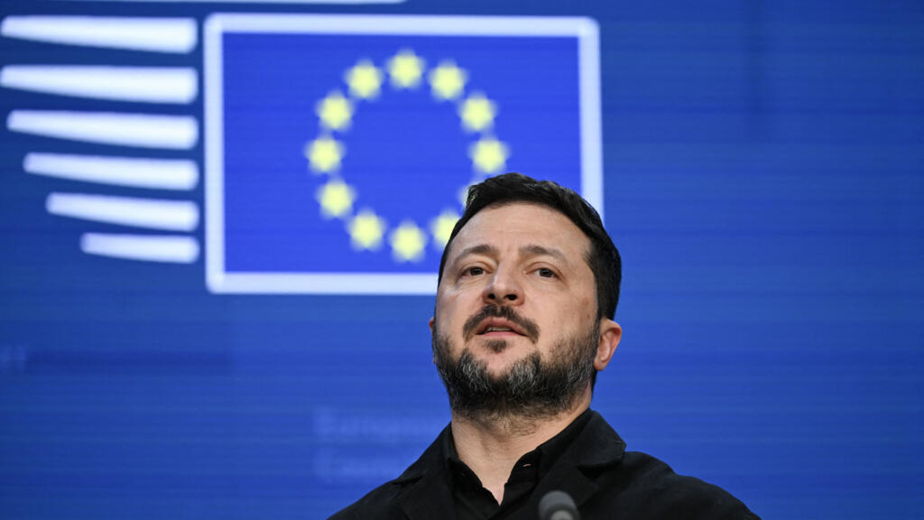 Ukraine's President Volodymyr Zelensky speaks during a press conference as part of a European Union summit at the EU headquarters in Brussels on October 16, 2026.