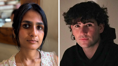 Side-by-side portrait photographs of Varsha Yajman and Flynn Martin. The image on the left shows Varsha indoors, while the image on the right shows Flynn in low light wearing a dark top.