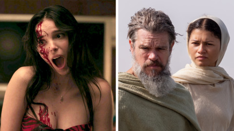 A two-way composite shows on the left Inde Navarrette in Obsession looking to left of frame aghast with blood on her face, and on the right Matt Damon and Zendaya in the Odyssey looking serious wearing ancient Greek garb.