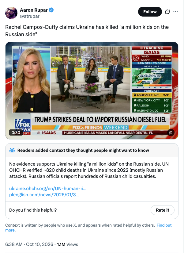 Aaron Rupar: Rachel Campos-Duffy claims Ukraine has killed 