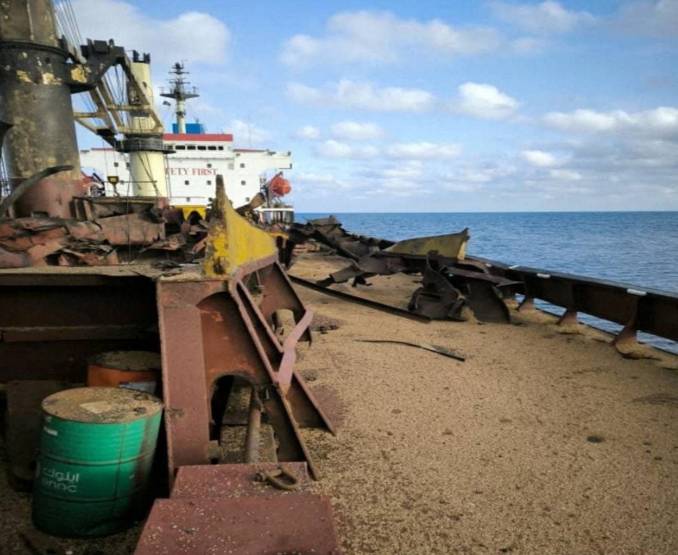 View shows a civilian cargo vessel damaged by a Russian missile strike in the Black Sea