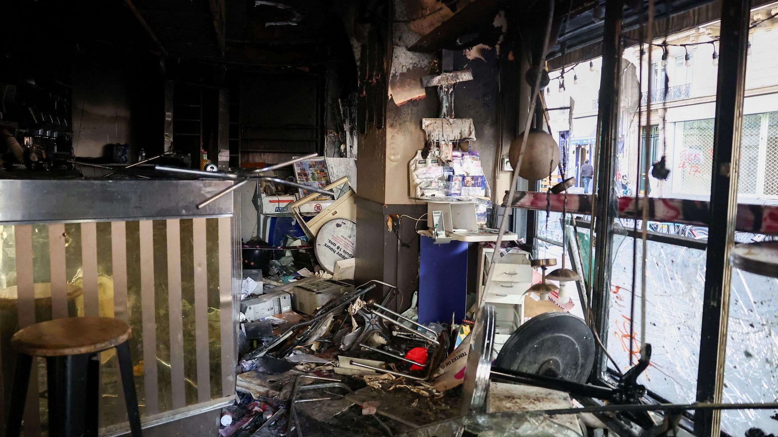The destroyed interior of the restaurant La Barrique, in Paris 