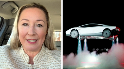 Splitscreen image with Zoe Kleinman (l) and a car in mid-air (r)