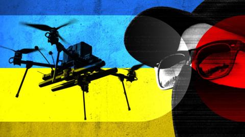 A designed image in red, white, yellow and blue, showing a drone on the left and a man wearing a baseball cap and dark glasses on the right 