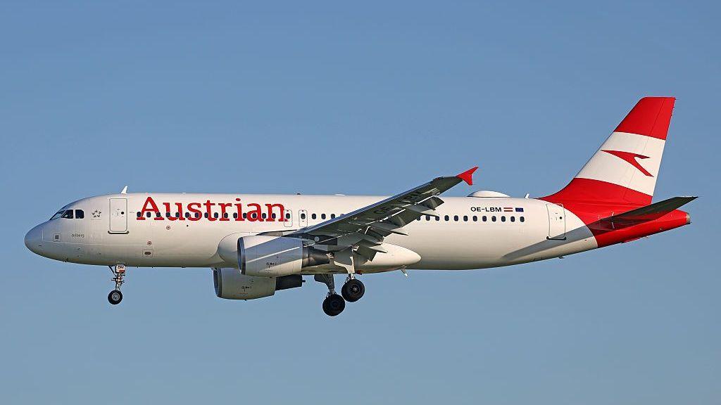 File photo of an airbus A320-214, with Austrian Airlines branding, lands at Barcelona-El Prat airport, in Barcelona, Spain, on April 1 2025.