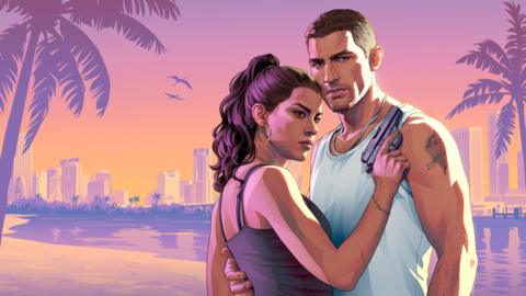 A promotional image from the game GTA 6 featuring the two main characters, Jason and Lucia. He is wearing a white vest and has a crewcut and a tattoo on his left bycep. She is facing him with a gun in her right hand. 