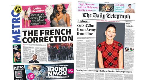 Newspaper headlines: 'The French correction' and 'Labour cuts £2bn from Army'