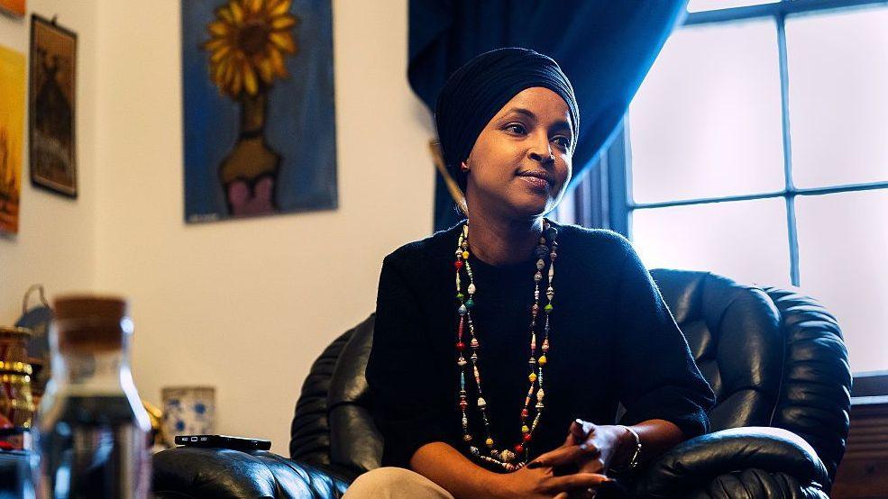 Representative Ilhan Omar poses for a portrait in her office on Capitol Hill