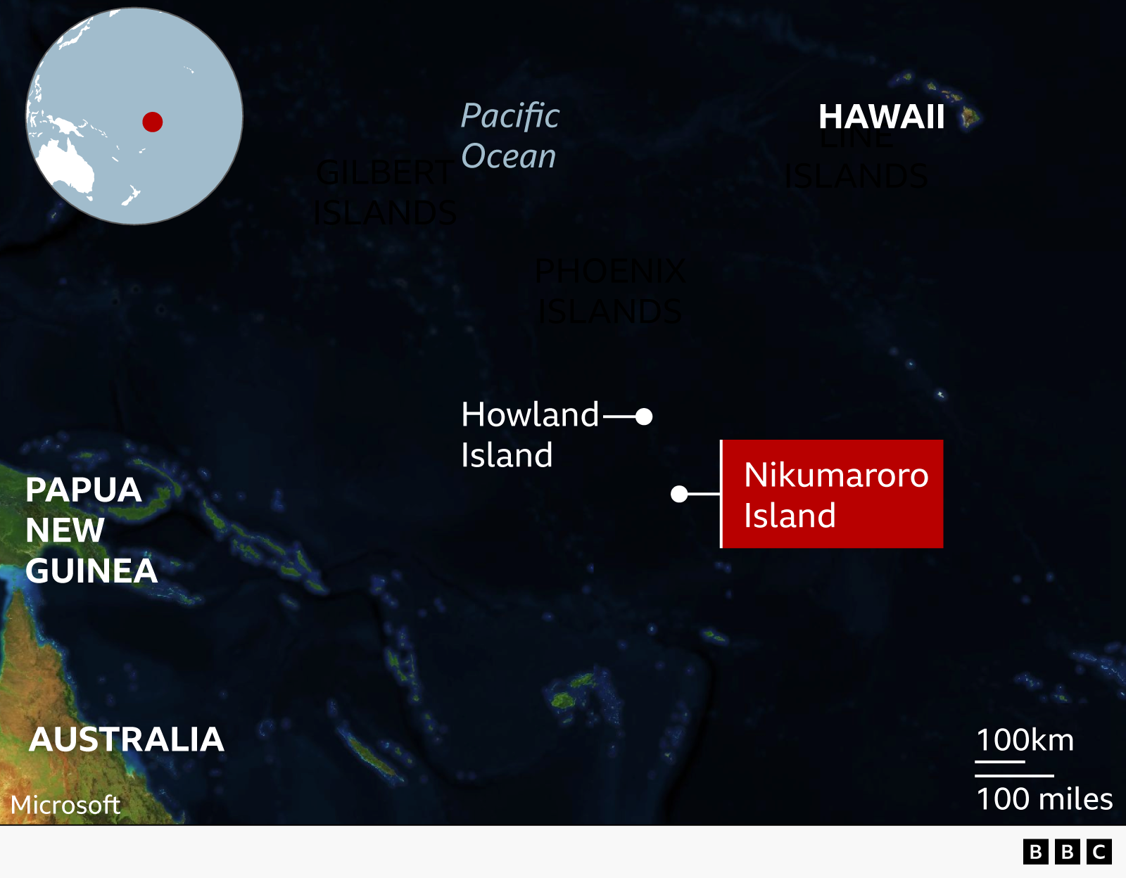 Map showing the relative locations of Papua New Guinea, Hawaii, Australia, Howland Island and Kikumaroro Island
