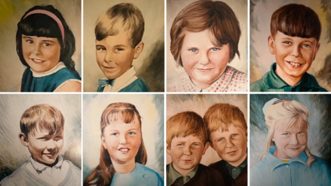 A montage of eight paintings showing the faces of nine children who died in the Aberfan disaster