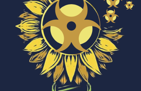 Sunflower with a biohazard symbol at its center, DNA double-helix stem and smaller biohazard motifs floating right