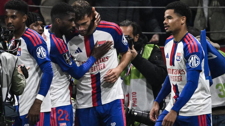 Lyons US midfielder #06 Tanner Tessmann (C) celebrates with teammates after scoring his team second goal during the French L1 football match between Olympique Lyonnais (OL) and OGC Nice at the Groupama Stadium in Decines-Charpieu, central-eastern France, on October 18, 2026.