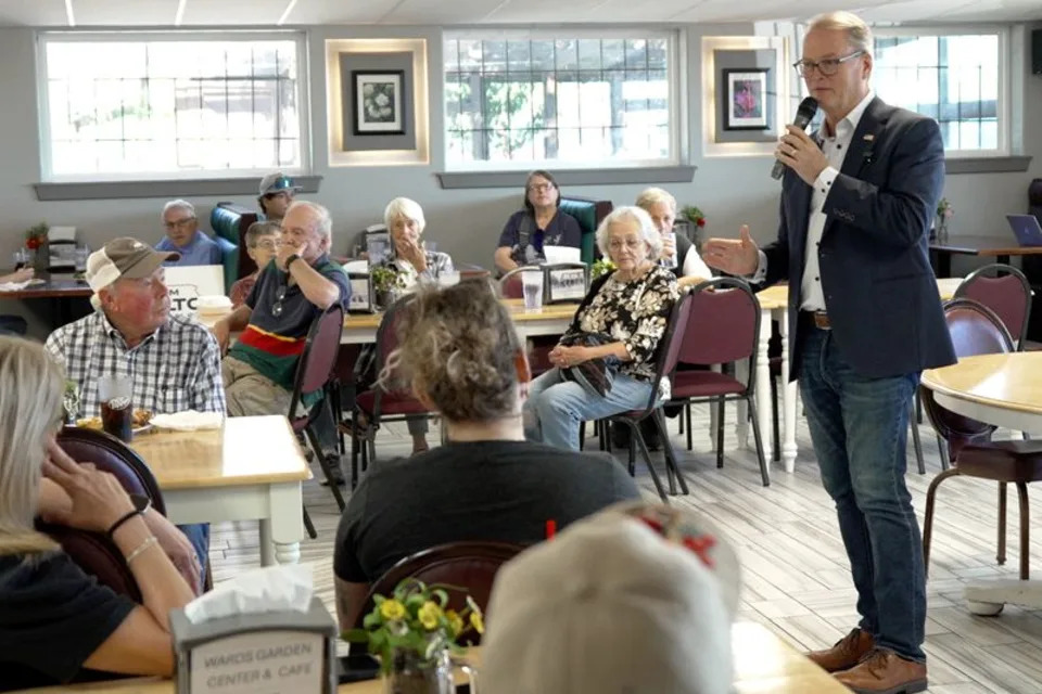Democratic U.S. Senate candidate Adam Hamilton speaks to constituents during a campaign event at Ward’s Garden Center & Cafe in Garden City, Kansas, US, October 9, 2026. REUTERS/Matt Mills McKnight