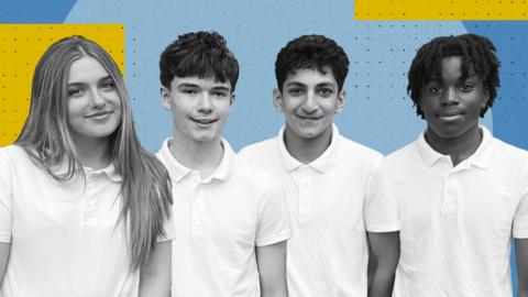Four teens standing side by side against a yellow and blue background wearing plain white school polo shirts
