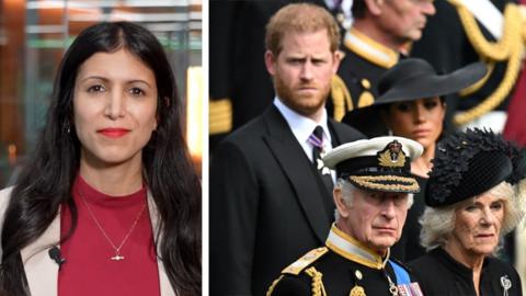 Split screen image. On the left, Noor Nanji. On the right, Prince Harry, Meghan, King Charles and Queen Camilla