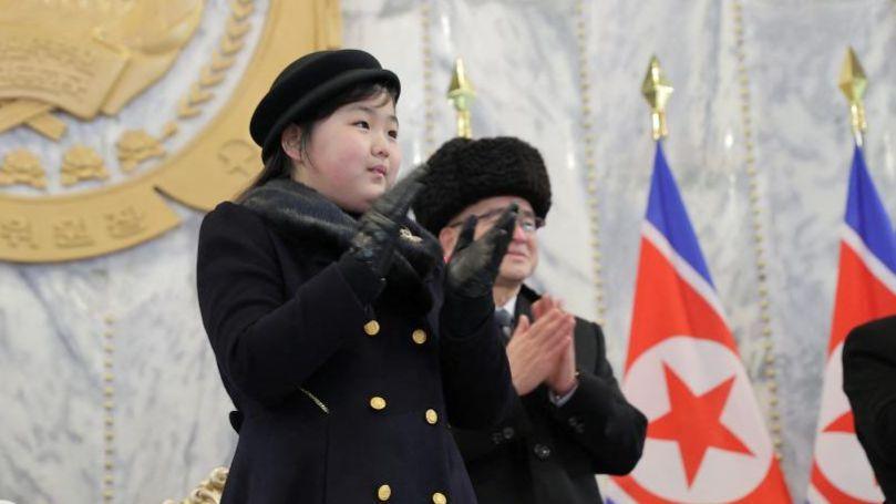 Kim Ju Ae, daughter of North Korean leader Kim Jong Un, attends a military parade to mark the 75th founding anniversary of North Korea's army, at Kim Il Sung Square in Pyongyang, North Korea February 8, 2023, in this photo released by North Korea's Korean Central News Agency (KCNA).