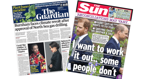The headline on the front page of the Guardian reads: “Burnham faces climate revolt after approval of North Sea gas drilling”. The headline on the front page of the Sun reads: “I want to work it out... some people don't”.