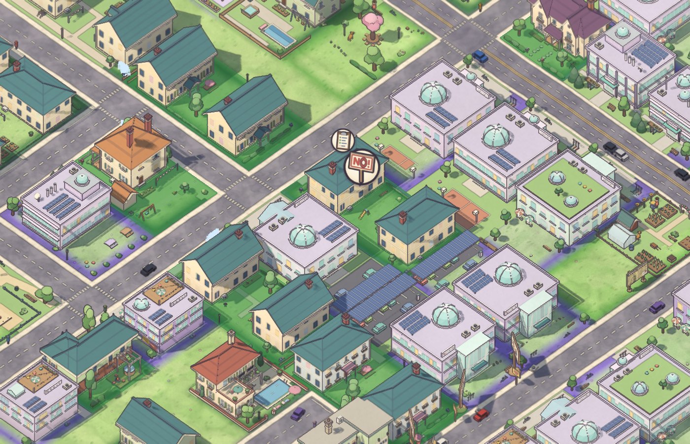 An upzoning of a few suburban lots at its hearing, the lots tinted for the zoning asked, with an opposition sign over them