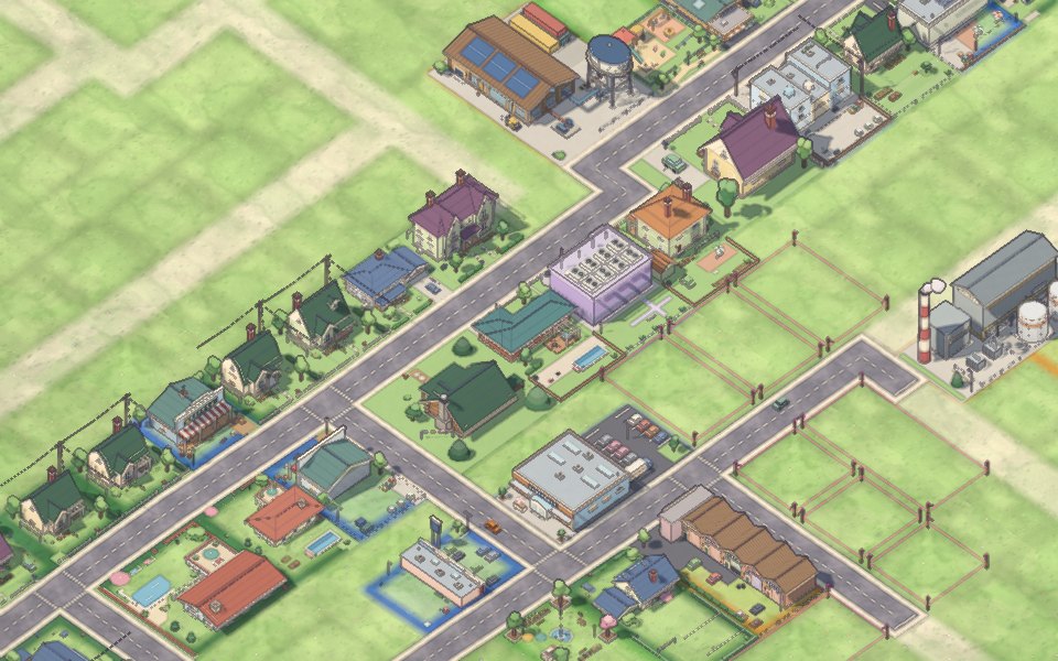 A hamlet of a few houses and shops along a street, with fenced lots waiting for zoning