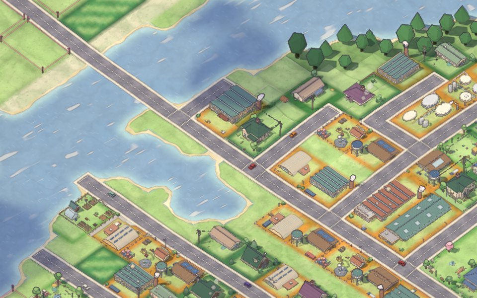 A small town of workshops and houses beside a lake