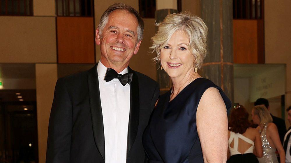 Helen Haines and her husband Phil Haines pose during the Press Gallery Midwinter Ball in Canberra 2022