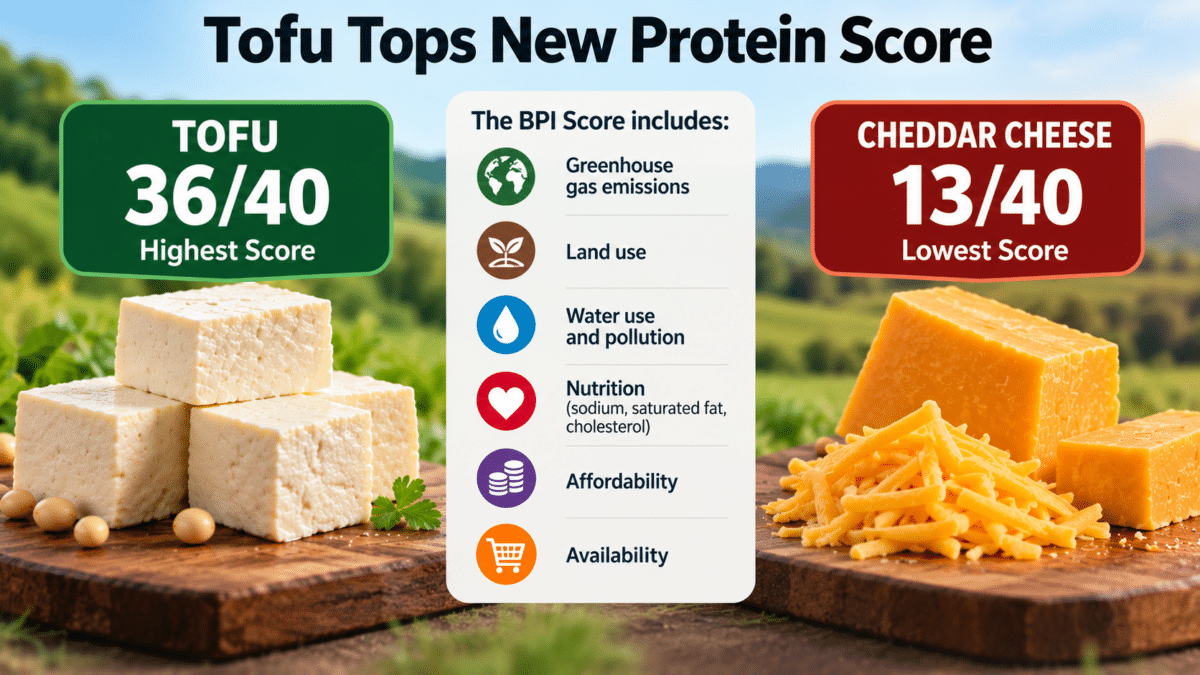 Infographic comparing tofu's top protein score of 36/40 with cheddar cheese's lowest score of 13/40, based on health and environmental factors.