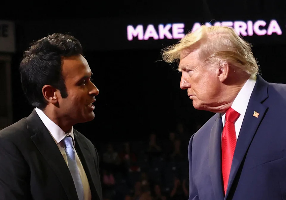 GOP candidate Vivek Ramaswamy has had Donald Trump's support at campaign rallies, to little effect. / Kevin Lamarque / REUTERS
