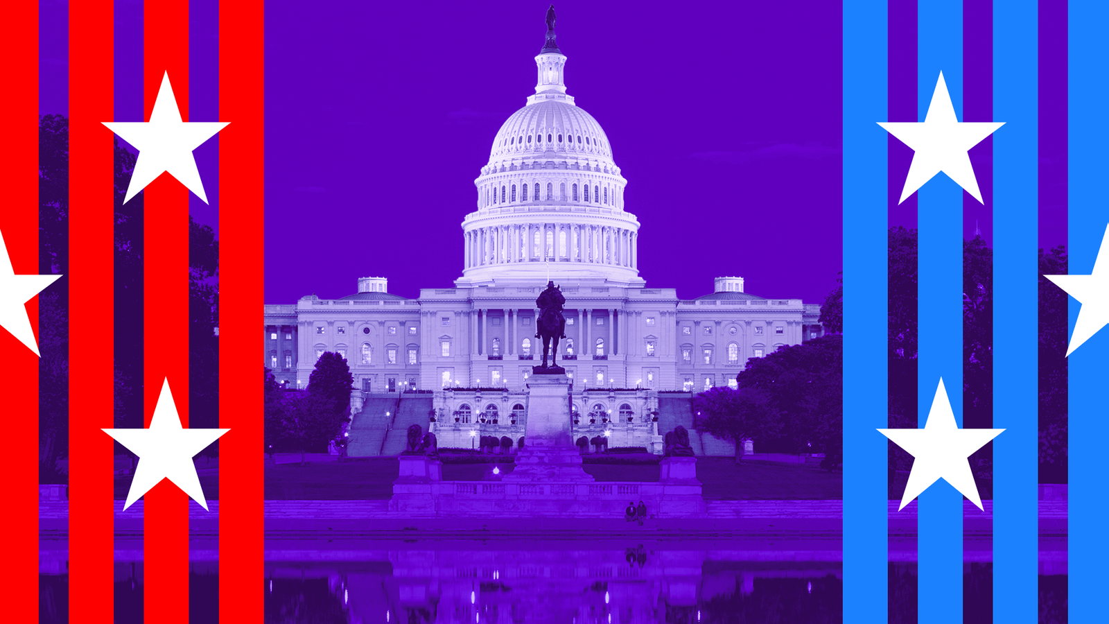Illustration of the US Capitol with red and blue campaign-style stripes and stars representing the two main political parties.