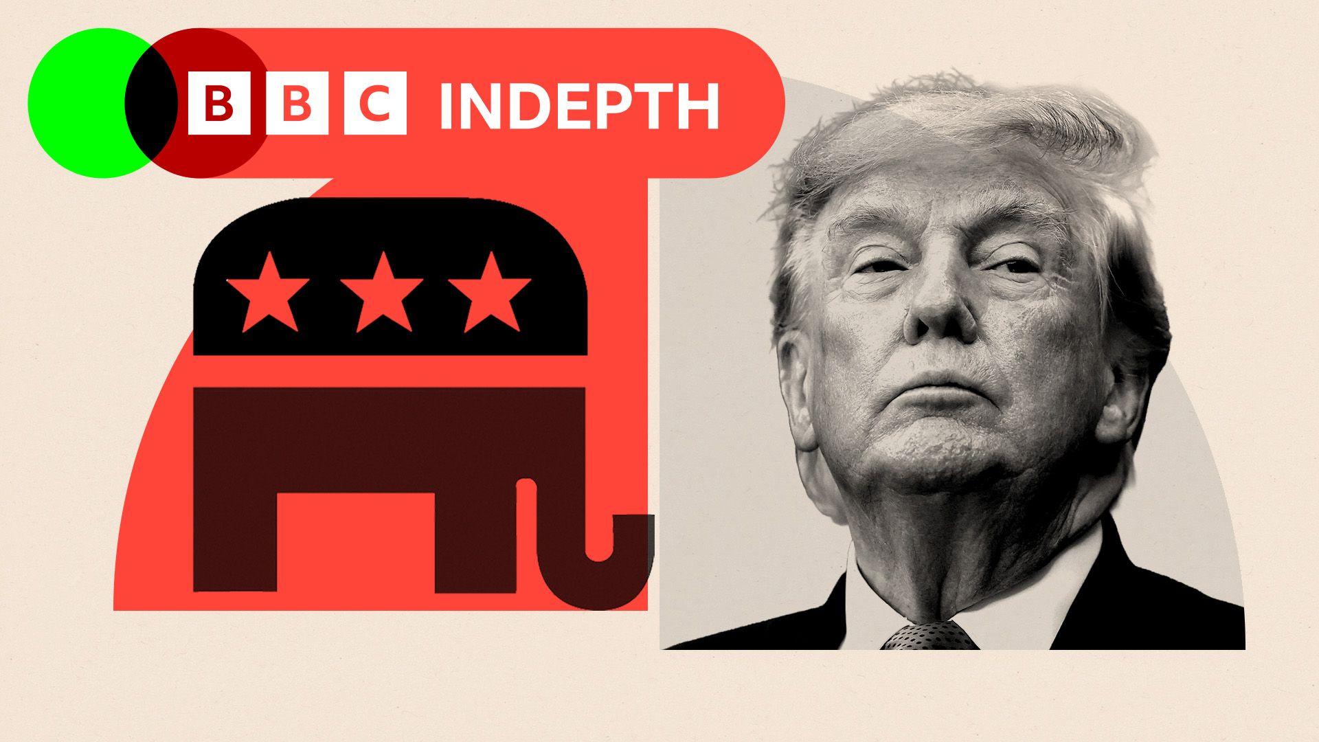 A black and white image of President Trump on the right with an image of the Republican Party elephant logo on the left