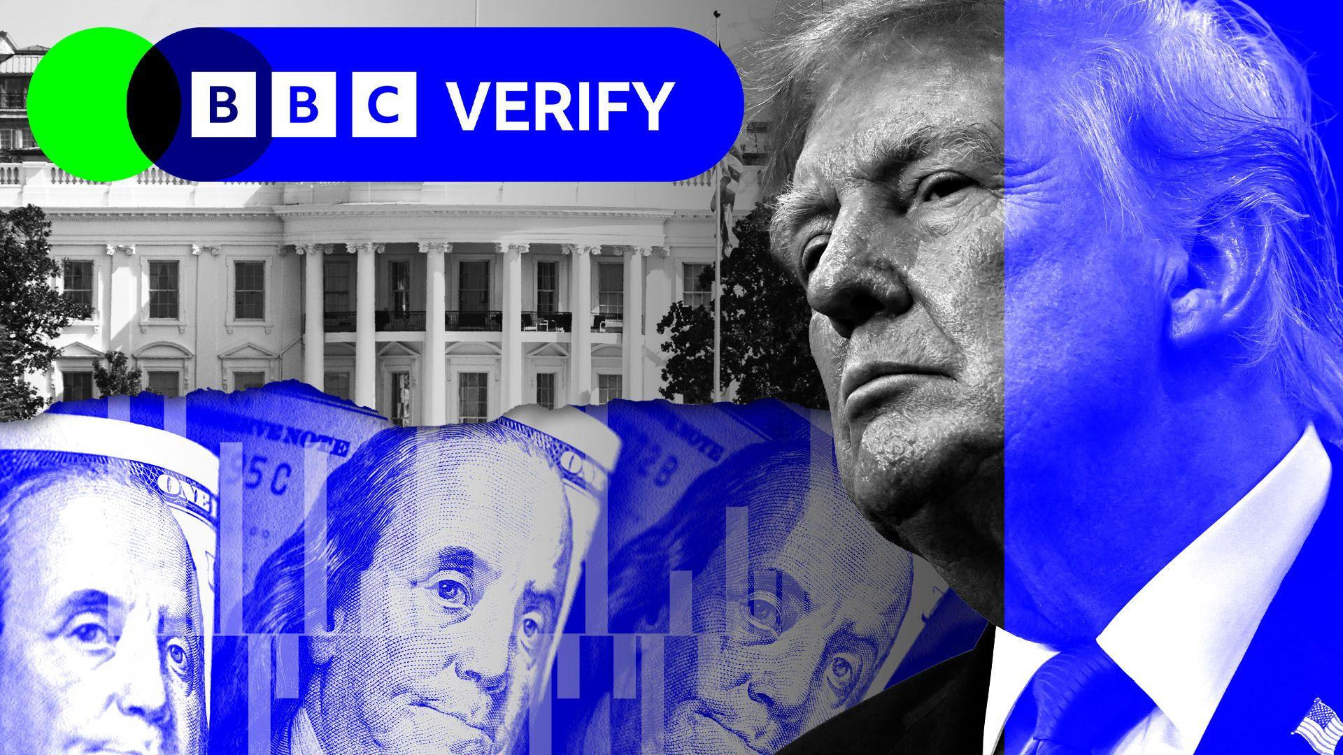 A grey- and blue-scale image showing President Donald Trump, a number of $100 bills and the White House. 