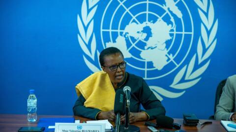 Valentine Rugwabiza, la cheffe de la Minusca, s'adresse à la presse à Bangui le 18 mai 2022.