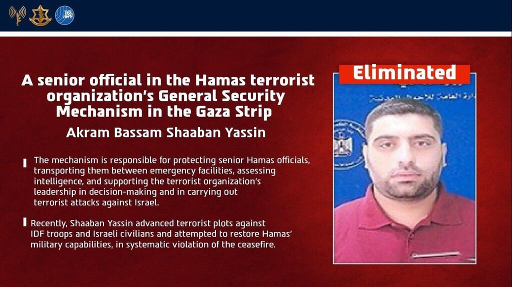 IDF and Shin Bet eliminated Akram Bassam Shaaban Yassin, a senior official in Hamas' General Security Mechanism 