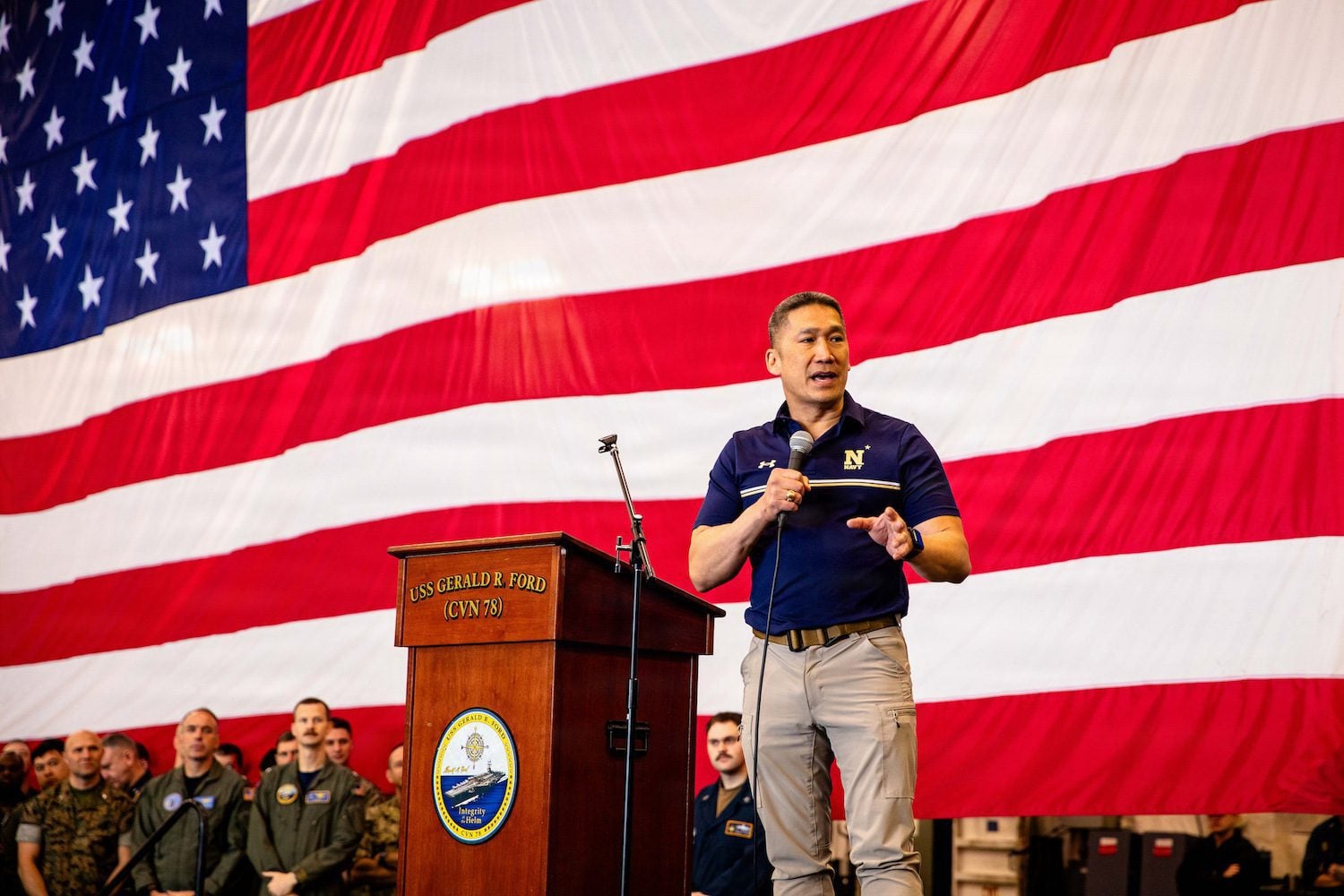 The Honorable Hung Cao, Acting Secretary of the Navy, speaks to Sailors during an all hands call in the hangar bay of the world’s largest aircraft carrier, USS Gerald R. Ford (CVN 78), while underway in the Mediterranean Sea, May 4, 2026