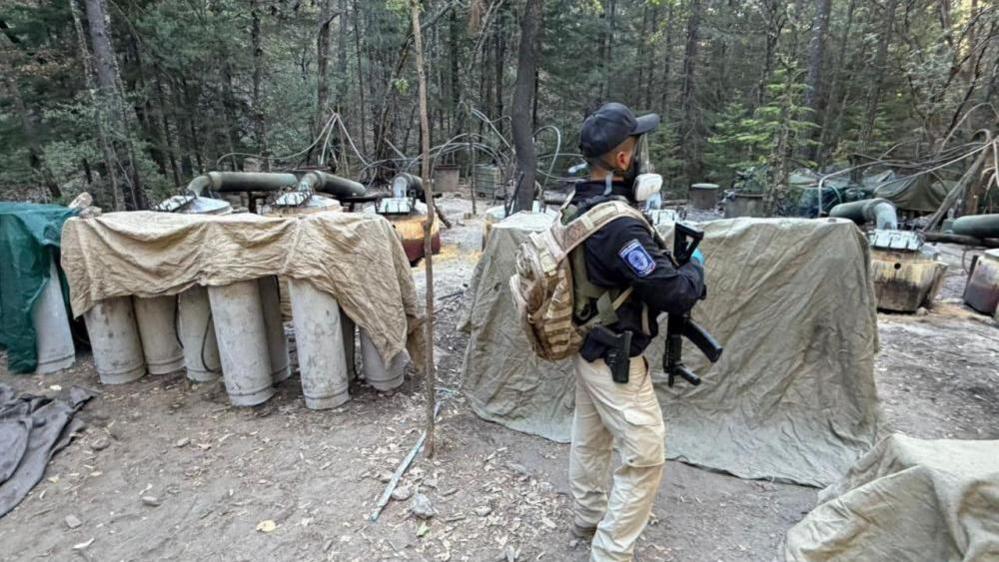 A suspected clandestine methamphetamine processing lab, according to the Attorney General's Office of Chihuahua, discovered during an operation by Mexican authorities in a mountainous area near Guachochi, in Chihuahua state, Mexico, in this handout photo distributed on April 18, 2026.
