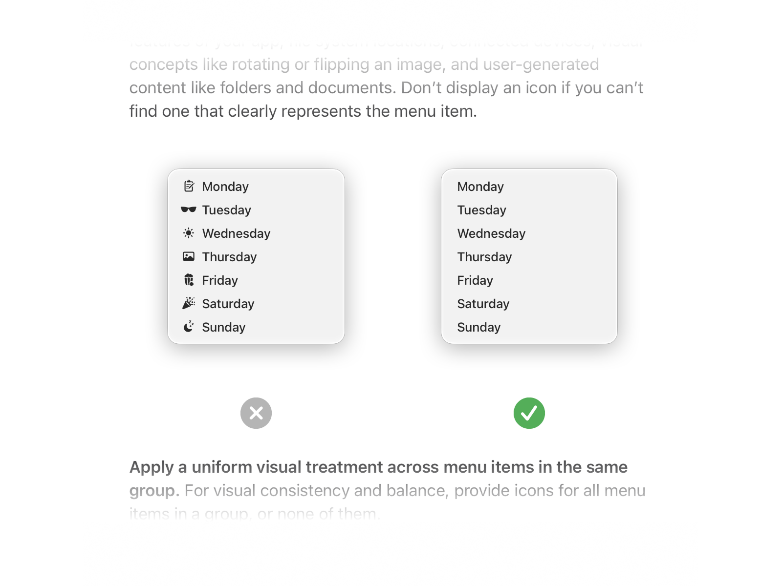Two menu lists showing days of the week; one with icons marked incorrect, one without icons marked correct, illustrating consistent visual treatment. Text advises uniform design and guidance on icons.