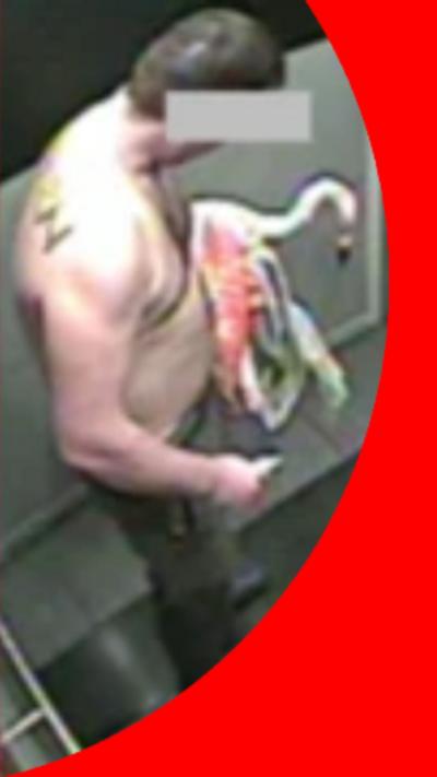 A man standing in a lift holding a flamingo by its neck