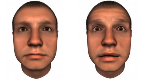 Two Ai generated close-up image of the same man. His expression is neutral on the left, and on the right his eyebrows are raised