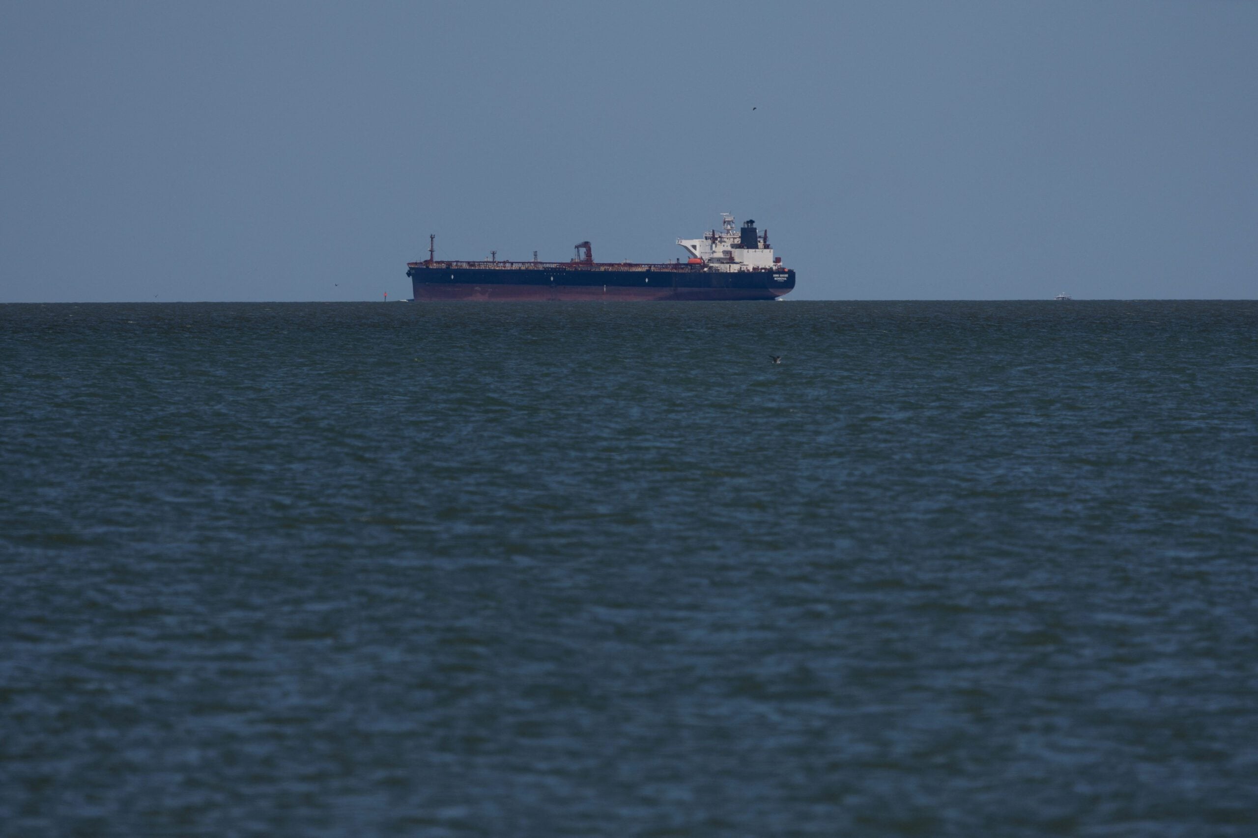 Soho Square, a crude oil tanker, is at anchor in the Galveston Bay