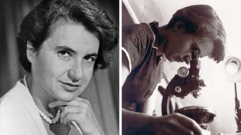 Two black and white photographs of Rosalind Franklin( left) a close-up portrait  (right) a photo shows Franklin looking down through a microscope in a lab in 1955.