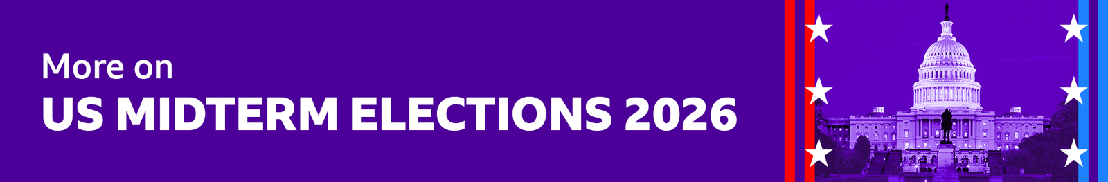 Purple banner reading "US Midterm Elections 2026" alongside a stylised image of the US Capitol and white stars.