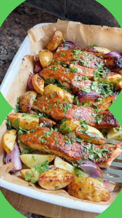 Salmon and potatoes in a white dish