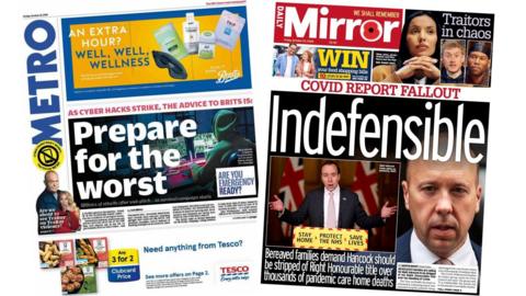 A composite of the front pages of the Metro and the Daily Mirror on 23 October 2026.