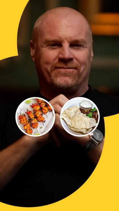 Sean Dyche smiling with photos of a kebab and poppadoms