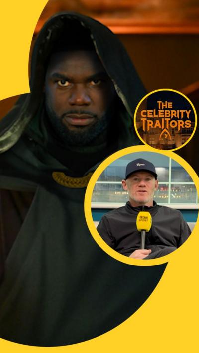 Micah Richards dressed in a Traitor's cloak, with Wayne Rooney holding a BBC Sport microphone