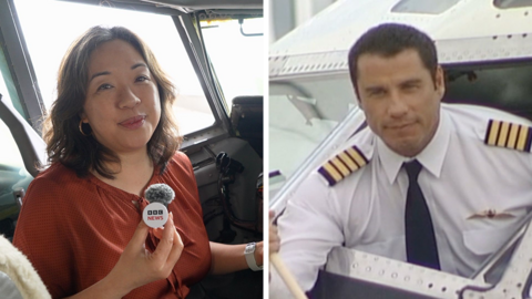 Composite image, BBC journalist wearing red top sitting in a plane cockpit on the left, John Travolta leaning out of cockpit window wearing a pilot uniform on the right.