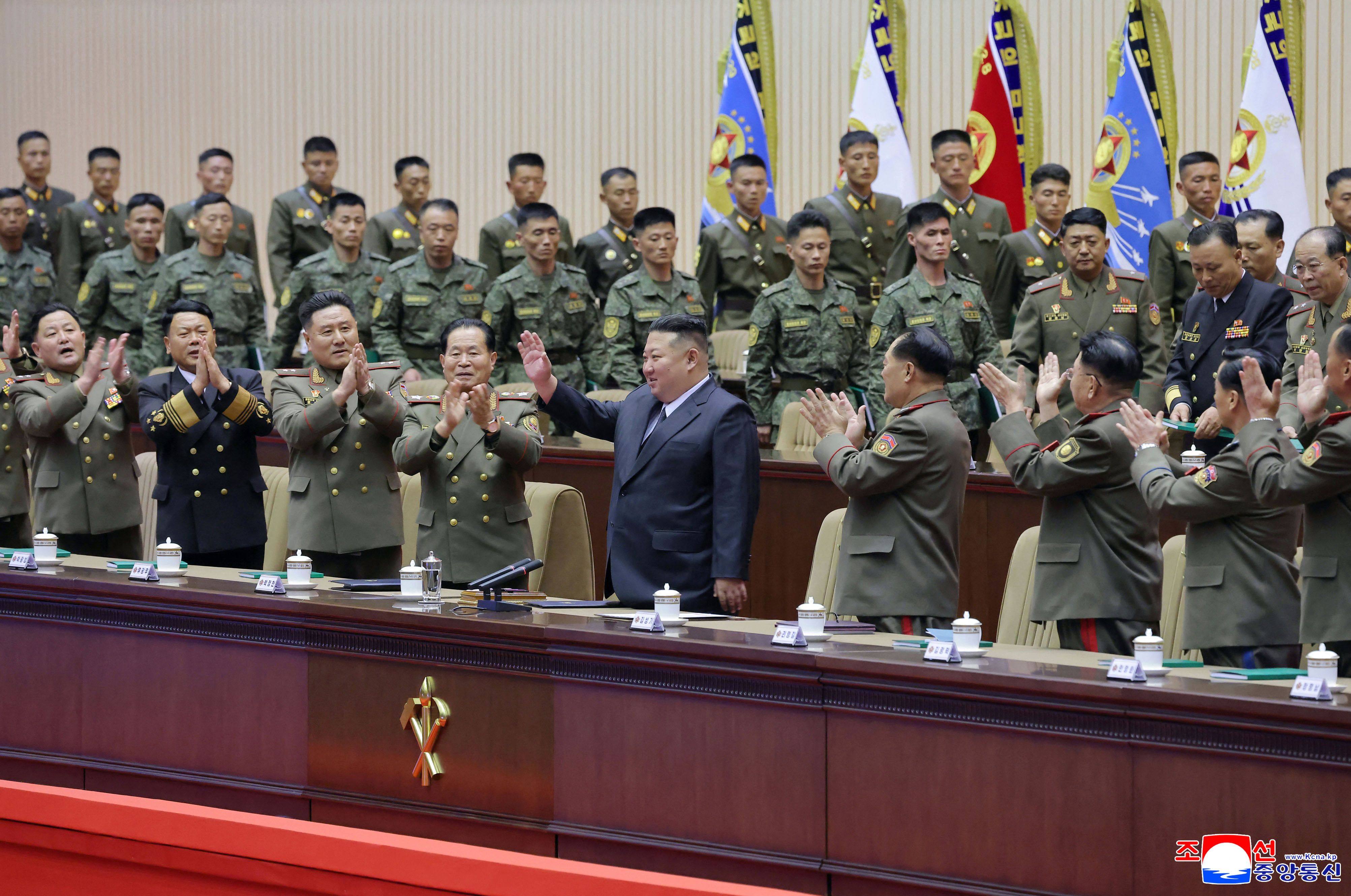 North Korean leader Kim Jong-un (centre) attends the third meeting of company leaders of the Korean People’s Army at the Pyongyang Gymnasium, in a photo released on Saturday. Photo: KCNA via KNS / AFP