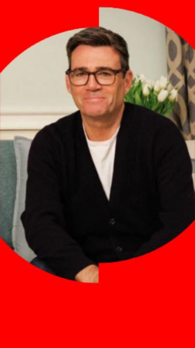 Andy Burnham appearing on Gogglebox, wearing a white t-shirt and dark navy cardigan 